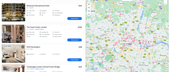 Google maps search for hotels